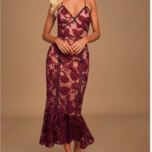 Alluring Dream Burgundy Floral Mesh Lace Trumpet Midi Dress